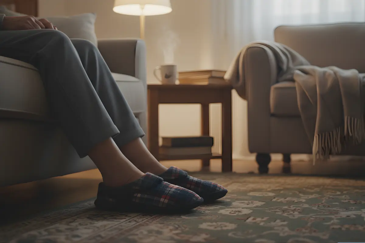 Persona mayor sentada en el sofá usando zapatillas de casa cómodas y seguras de Calzados Matu con suela antideslizante.