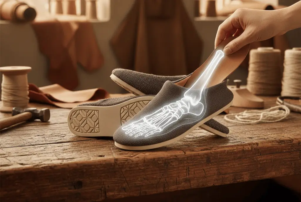 Zapatilla artesanal de horma ancha y material flexible para pies con juanetes de Calzados Matu.