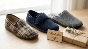 Tres modelos de zapatillas de casa para hombre (cuadros, velcro y gris) sobre mesa de madera con regalo y cartel de Felicidades Papá. Selección de confort de Calzados Matu.